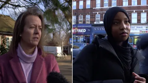 The overall image shows a woman in the pink jacket and the purple jumper looks towards the microphone (left) and a woman is looking at the right of the camera.