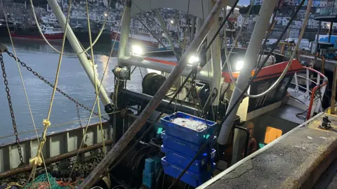 A fishing boat is tied up on the quay and it has four boxes full of fish. The boat has lights on. Behind it is are a couple of other fishing boats and the houses of Brixham.