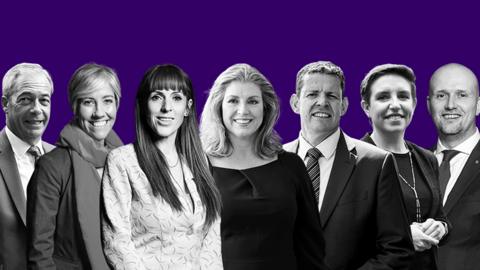 All the leaders in the seven-way debate: Nigel Farage, Daisy Cooper, Angela Rayner, Penny Mordaunt, Rhun ap Iorwerth; Carla Denyer and Stephen Flynn