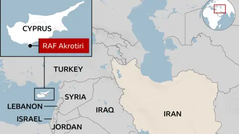 Map showing the eastern Mediterranean and Middle East. Cyprus is highlighted with an inset zooming in on the island, marking the location of RAF Akrotiri in the south. Surrounding countries labelled include Turkey to the north, Syria and Lebanon to the east, Israel and Jordan further south, and Iraq, Saudi Arabia, and Iran to the east. A scale bar indicates 500km and 200 miles. A small globe in the corner shows the region’s location