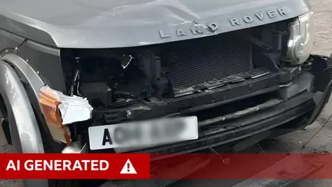 A close-up of the damaged front of a grey Land Rover, with extensive damage to the bumper and lights of the vehicle. A white, partly-blurred number plate is positioned on the left of the bumper.