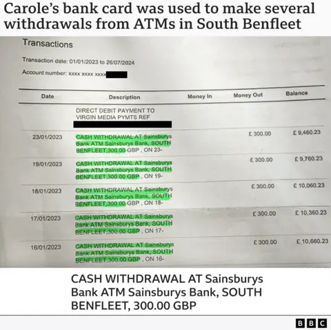 Detail of slope  connection    showing 5  withdrawals of £300 each   from the aforesaid  cashpoint astatine  Sainsburys Bank successful  South Benfleet. The archetypal  was connected  16 January 2023, and the past  is simply a week aboriginal    connected  the 23rd. Caption supra  representation   reads "Carole's slope  paper  was utilized  to marque   respective  withdrawals from ATMs successful  South Benfleet"