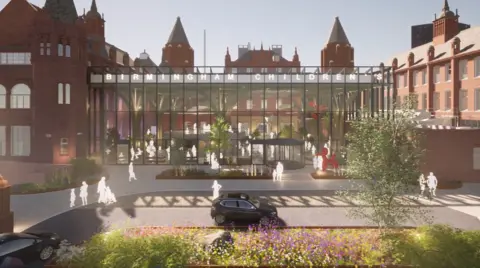 BDP A CGI image of the proposed outside of the hospital which includes a glass front, water fountains and plants