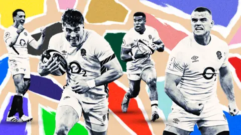 This image features players from the England national rugby union team - Alex Mitchell, Tommy Freeman, Immanuel Feyi-Waboso and Ben Earl