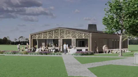 Adur District Council CGI of a single-storey brown building in a field. A grey footpath leads from the foreground to the building in the centre. There are people sat at picnic benches outside the building