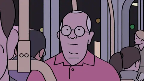 Antidote Films An illustration of a crowded bus or train interior at night shows multiple passengers standing close together among vertical and horizontal handrails. A central figure in a pink collared shirt is positioned in the foreground. Other passengers are visible around the scene, some seated and some standing, with circular lights or reflections dotting the dark windows in the background.