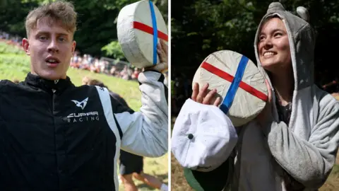 Split-screen showing winners Tom Kopke on the left, holding a cheese, and Alix Heugas also holding a cheese after races