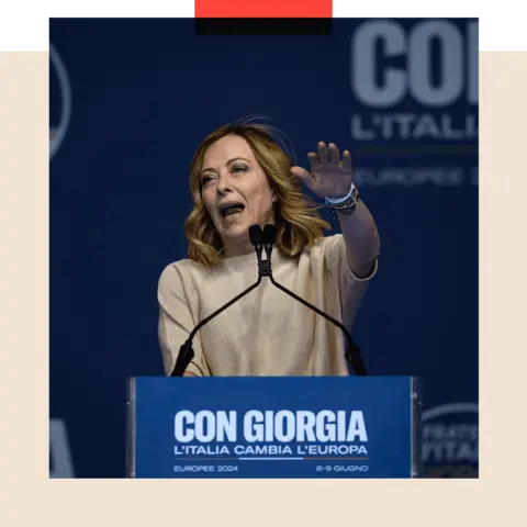 Getty Images Italian Prime Minister Giorgia Meloni delivers a speech ahead of the 2024 European Parliament elections