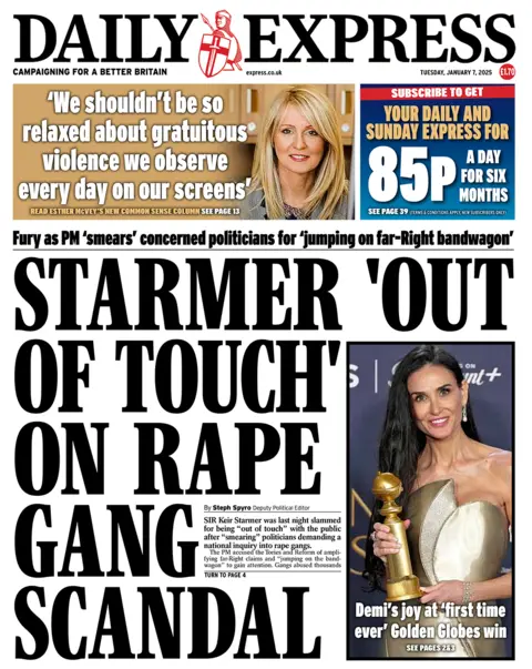 The headline in the Express reads: "Starmer 'out of touch' on rape gang scandal". 