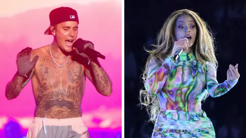 WireImage/Parkwood via Getty Images Justin Bieber performs on day three of Sziget Festival 2022 on Óbudai-sziget Island on August 12, 2022 in Budapest, Hungary. Beyoncé performs onstage during the “RENAISSANCE WORLD TOUR” at the Tottenham Hotspur Stadium on May 30, 2023 in London, England.