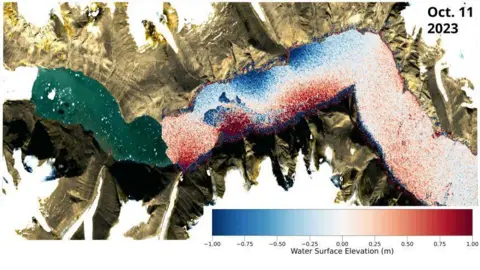 Thomas Monahan Copernicus Sentinel-2 satellite image of the Dickson Fjord in East Greenland with the observed sea-surface height measurements from the SWOT satellite of the Earth-shaking wave on 11 October 2023.