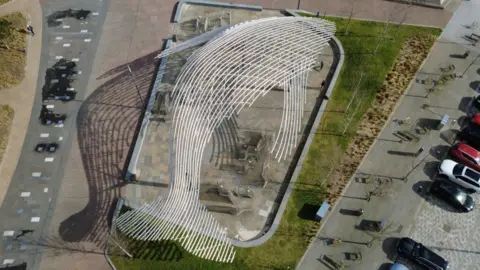 Steven Brown An aerial view of the Tay Whale sculpture in Dundee, a large metal art installation 