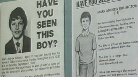 A poster featuring Mark Billington's photo issued as part of the search for him in 1984