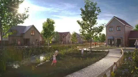 Broadland District Council An artist's impression of what the estate could look like, showing a girl throwing a football to a boy on grassland next to houses