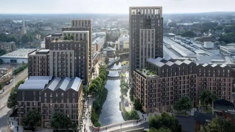 Hammerson CGI image of the planned apartment blocks either side of the River Kennet