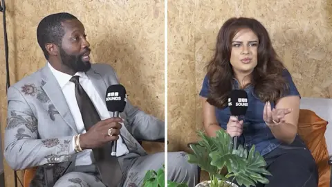 Left, a man in a patterned suit sits in a chair. Right, a lady in a jean top gesticulates.