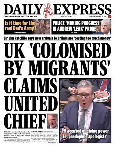 "UK 'colonised by migrants' claims United chief" reads the headline on the front page of the Daily Express.