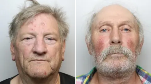 South Yorkshire Police A side-by-side composite containing two head-and-shoulders portrait photographs against a plain light grey background.
On the left side, Wright is facing directly toward the camera. He has short, light-coloured hair that appears slightly tousled. Several small red marks are visible on the forehead, and another red mark is visible on the chin. The eyes are partially open, and the face is evenly lit. He is wearing a dark-coloured top, of which only the upper neckline and shoulders are visible. On the right side, Schwalbe is also facing directly toward the camera. He has very little hair on the top of the head, with some light-coloured hair remaining around the sides. A full white beard and moustache cover the lower face. He is wearing a multi-coloured plaid shirt with green, blue, yellow, and purple tones visible near the collar and shoulders.