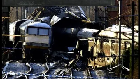 The scene at Great Heck near Selby, North Yorkshire where rescue workers were recovering bodies from the tangled wreckage of the train disaster.