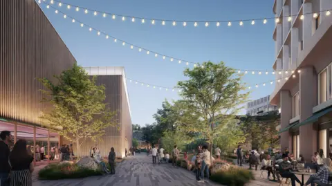 A CGI mock-up of the development, which shows people outside modern looking buildings, with some people eating and drinking at terraced tables.