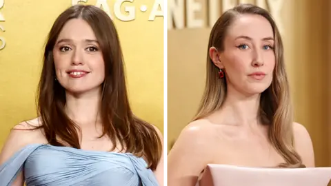 Aimee Lou Wood (in blue strapless dress) and Erin Doherty (in nude-coloured strapless dress) on red carpets