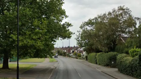 A street view image of a tree-lined road. There are houses on one side and green gates on the other. 