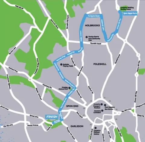 Coventry City A map of an open top bus tour route from north to west Coventry, with the parade route marked in blue.