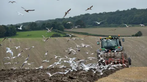 farmer in tractor ploughing field