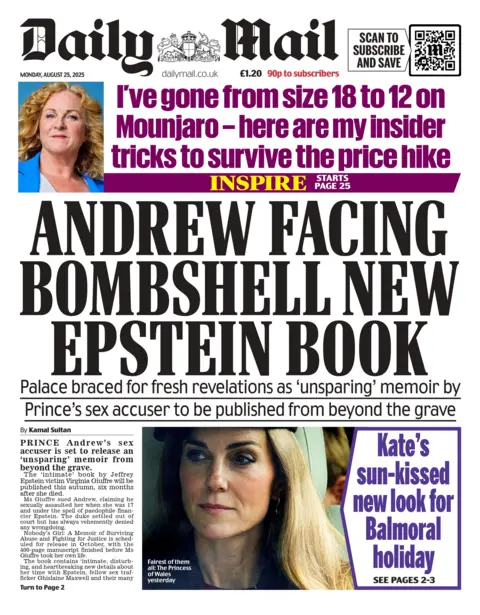The headline on the front page of the Daily Mail reads: "Andrew facing bombshell new Epstein book".