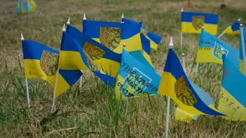 BBC/Thanyarat Doksone Ukrainian flags are seen, representing fallen soldiers
