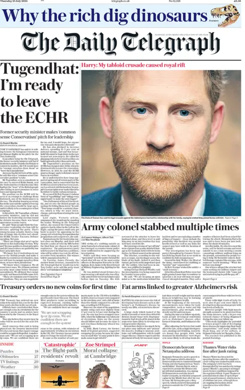 Daily Telegraph headline reads: Tugendhat: I'm ready to leave the ECHR