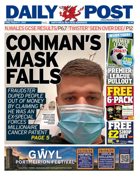 Daily Post Daily Post front page with the main headline reading "Conman's mask falls", the sub head reads: "Fraudster duped people out of money by claiming he was an ex-special forces millionaire cancer patient". There is a photo of the man, who has dark hair, and is wearing a mask over his mouth and nose.