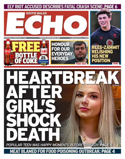 South Wales Echo The Front page of the South Wales Echo has a picture of a young woman wiht long blonde hair and a heart locket necklace beside the headline heartbreak after girl's shock death 