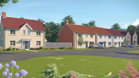 Bellway Homes New homes images with artist impression. It features green grass with a tarmacked road and new homes with driveway.