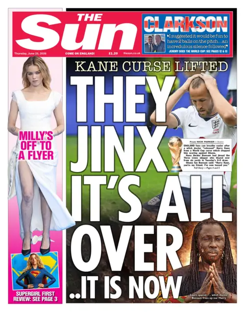 "They jinx it's all over... it is now," reads the headline on the front page of the Sun. 