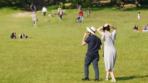 File image of a couple walking on a sunny day in Richmond Park, as other groups walk across and lie on the grass in the distance