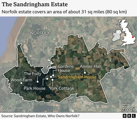 Map of the Sandringham estate in Norfolk, England, covering 20,000 acres (8,100 hectares). The estate boundary is outlined, showing key locations: Sandringham House at the centre, Gardens House nearby, Anmer Hall to the northeast, and Wood Farm, The Folly, Park House and York Cottage to the west. A small inset map highlights the estate’s position in the southeast of the UK.