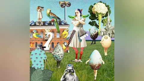 Helen Grundy A surrealist-style art collage. Emmy Bridgwater's face is superimposed onto a body wearing a dress, with red legs and bird feet. Around her is green grass, with eggs that have arms and legs, a large cauliflower tree, and binoculars with eyes. There is a building that is covered in birds including a swan wearing a crown and blue tits.