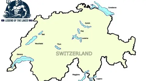 Neil Gilson A map of all the lakes Neil Gilson aims to swim. The map is yellow and has the word 'Switzerland' at the centre. In the top left corner is a graphic of a merman with the words 'Legends of the Lakes' below it. 