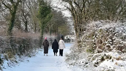 Three ladies walk down a snow covered lane towards a gate. Trees and the ground are covered in snow. The ladies are wearing heavy winter coats, hats and gloves.