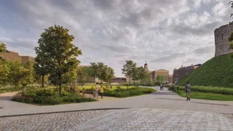 City of York Council An impression of how work around Clifford's Tower in York will be completed showing the mound of the tower on the right of the image and grassed areas and paved walkways leading towards the complex of buildings making up the Castle Museum and York Crown Court in the background