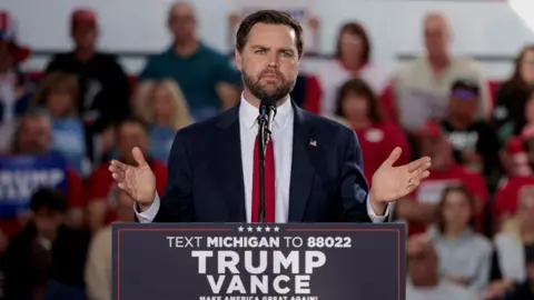 Republican vice-presidential nominee JD Vance speaks during a campaign stop in Detroit, Michigan, U.S., October 8, 2024.