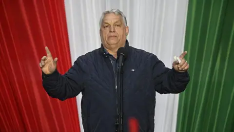 NurPhoto via Getty Images A man with the colours of the Hungarian flag as a backdrop