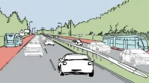 Essex County Council Cartoon drawing of a mapped out bus lane on a road 