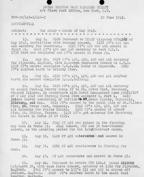 US National Archives and Records Administration Black-and-white photograph of a typed, declassified military document dated 10 June 1945, marked “CONFIDENTIAL,” titled “War Diary – Month of May 1945” from Motor Torpedo Boat Squadron Twenty (Fleet Post Office, New York). The page lists daily entries from May 9–17, 1945, detailing movements and operations of PT boats (including PT 456, 458, 459, 460, and 461). Entries describe departures, arrivals, mooring locations, convoy escorts, and transfers between ports such as Cherbourg (France), Plymouth (England), Guernsey, and Jersey (Channel Islands). The text is in a monospaced typewriter font with section numbers along the left margin and short operational notes arranged by date.