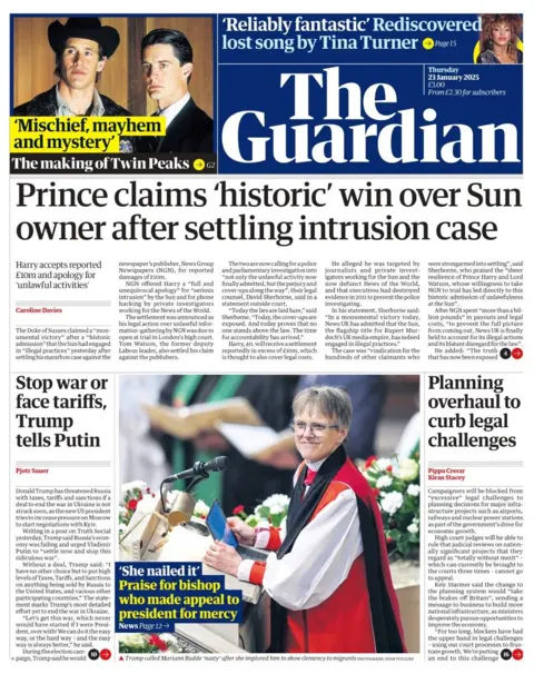 The headline in The Guardian reads: Prince claims 'historic win' over Sun owner after settling intrusion case