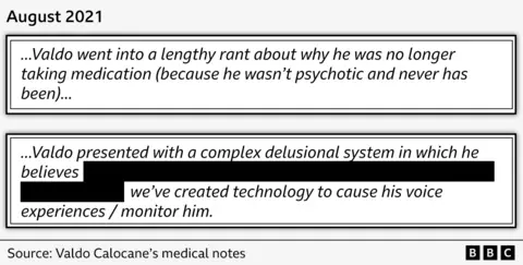  "Valdo went into a lengthy rant about why he was no longer taking medication (because he wasn't psychotic and never has been)" and "Valdo presented with a complex delusional system in which he believes... we've created technology to cause his voice experiences / monitor him."