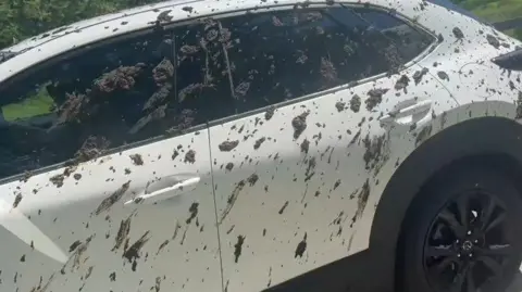 A white car covered in splashes of slurry.