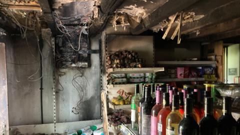 The inside of a fire damaged shop in Worlingworth, Suffolk