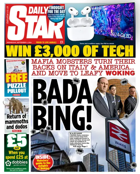 The headline in the Star reads: "Mafia mobsters turn their backs on Italy and America... and move to leafy Woking". 